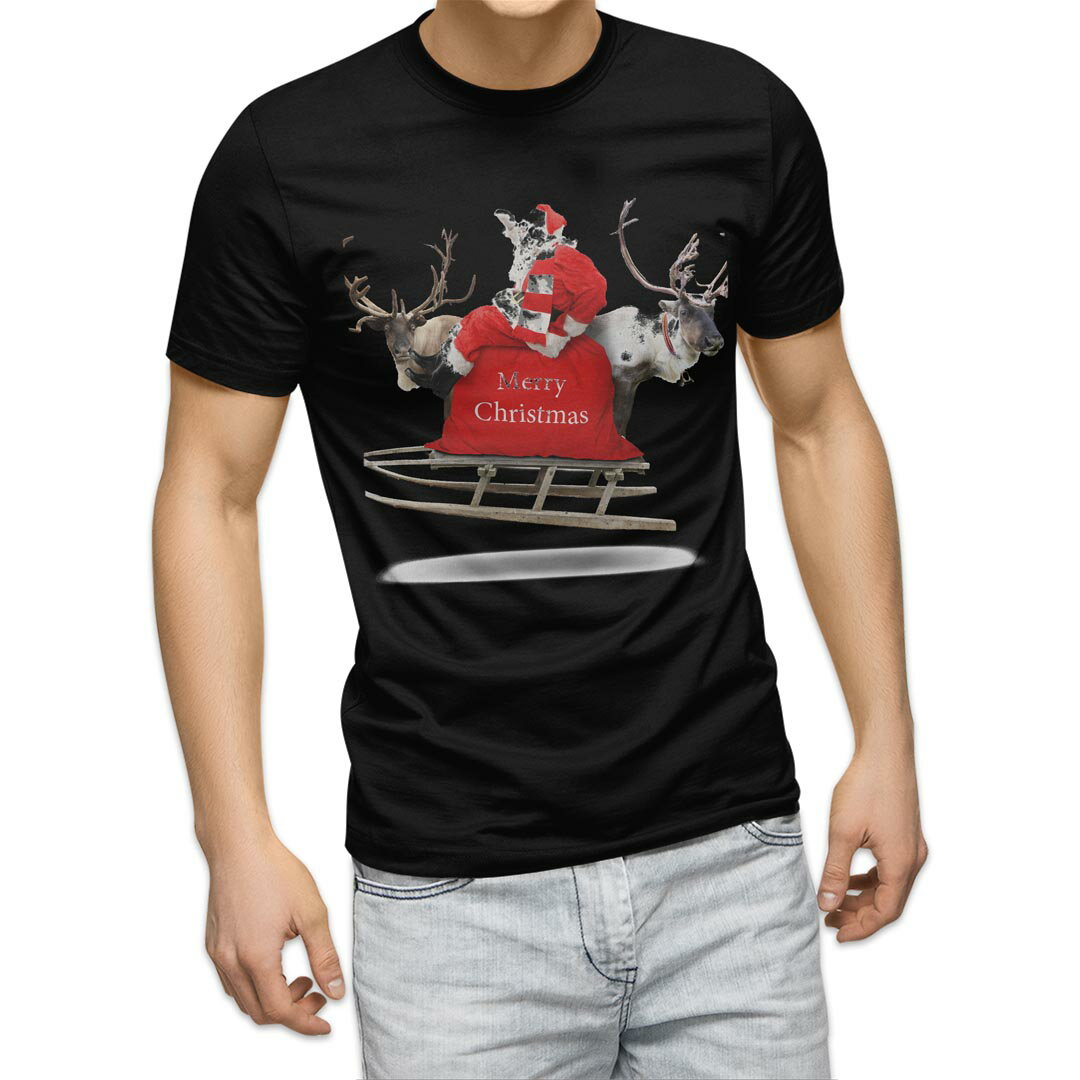 乐天商城 - tシャツ メンズ 半袖 ブラック デザイン XS S M L XL 2XL Tシャツ ティーシャツ T shirt 黒 009971 クリスマス　サンタ　写真