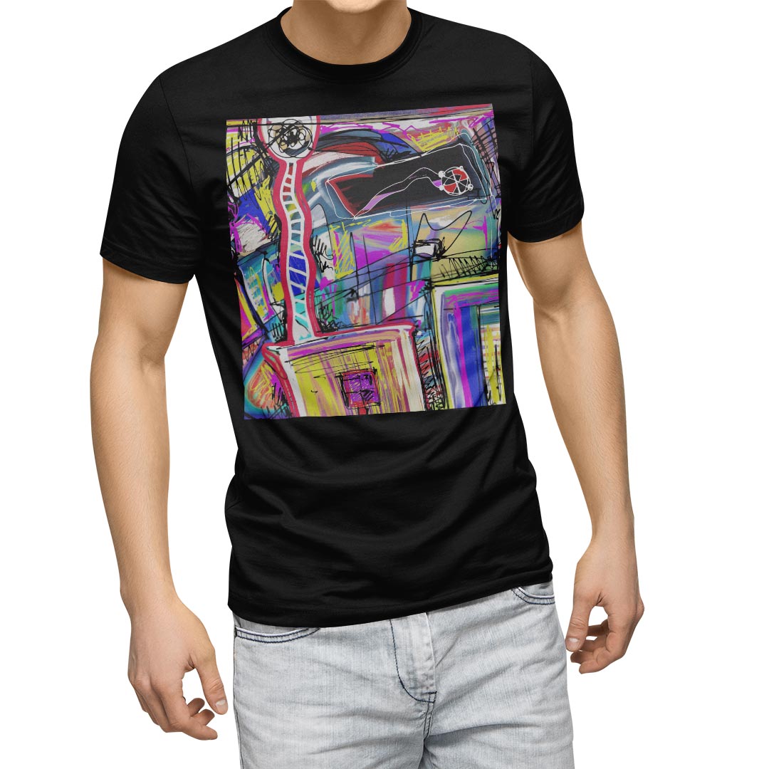 tシャツ メンズ 半袖 ブラック デザイン XS S M L XL 2XL Tシャツ ティーシャツ T shirt　黒 010271 カラフル　風景　ペイント