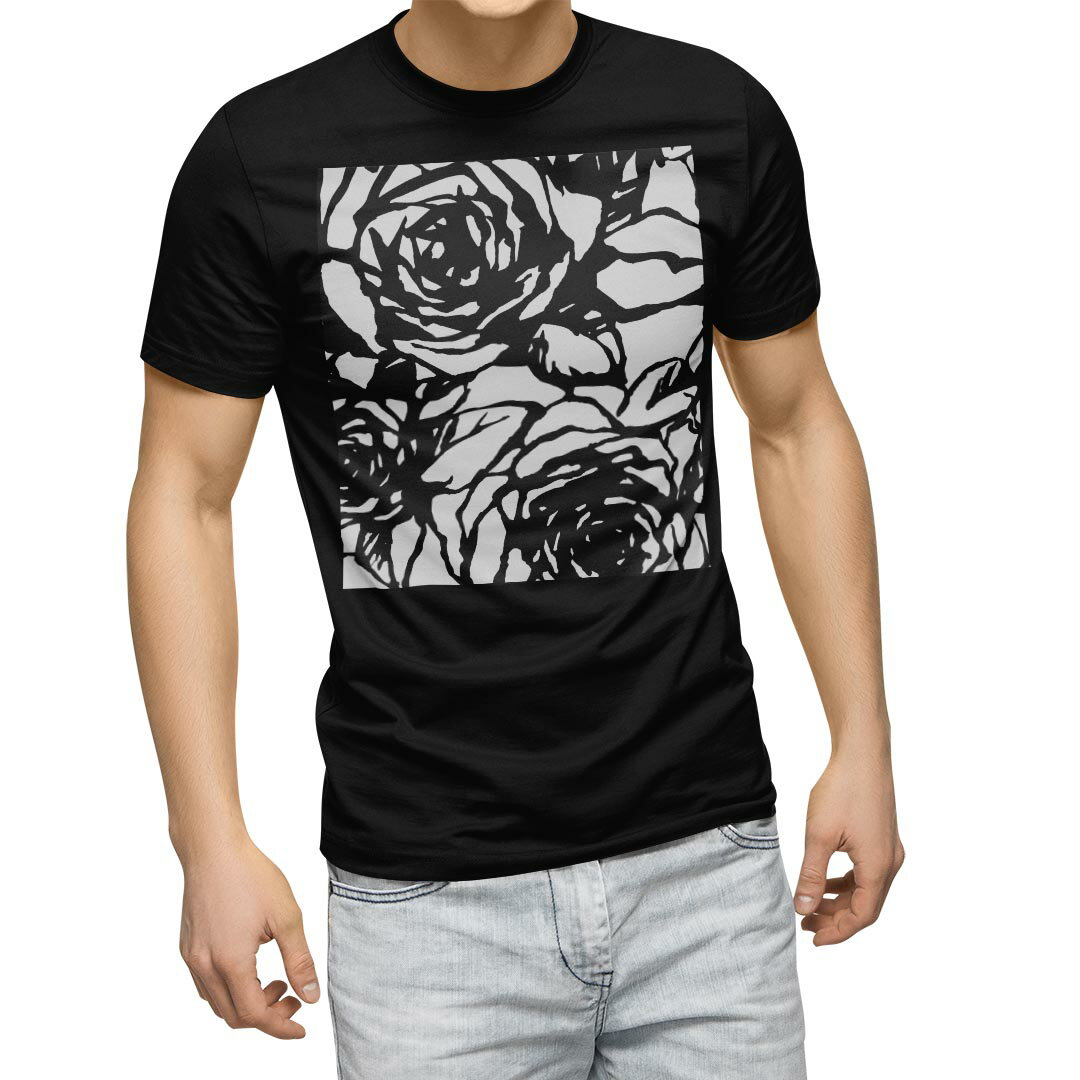 tシャツ メンズ 半袖 ブラック デザイン XS S M L XL 2XL Tシャツ ティーシャツ T shirt　黒 010286 フラワー　花　白　黒(4)