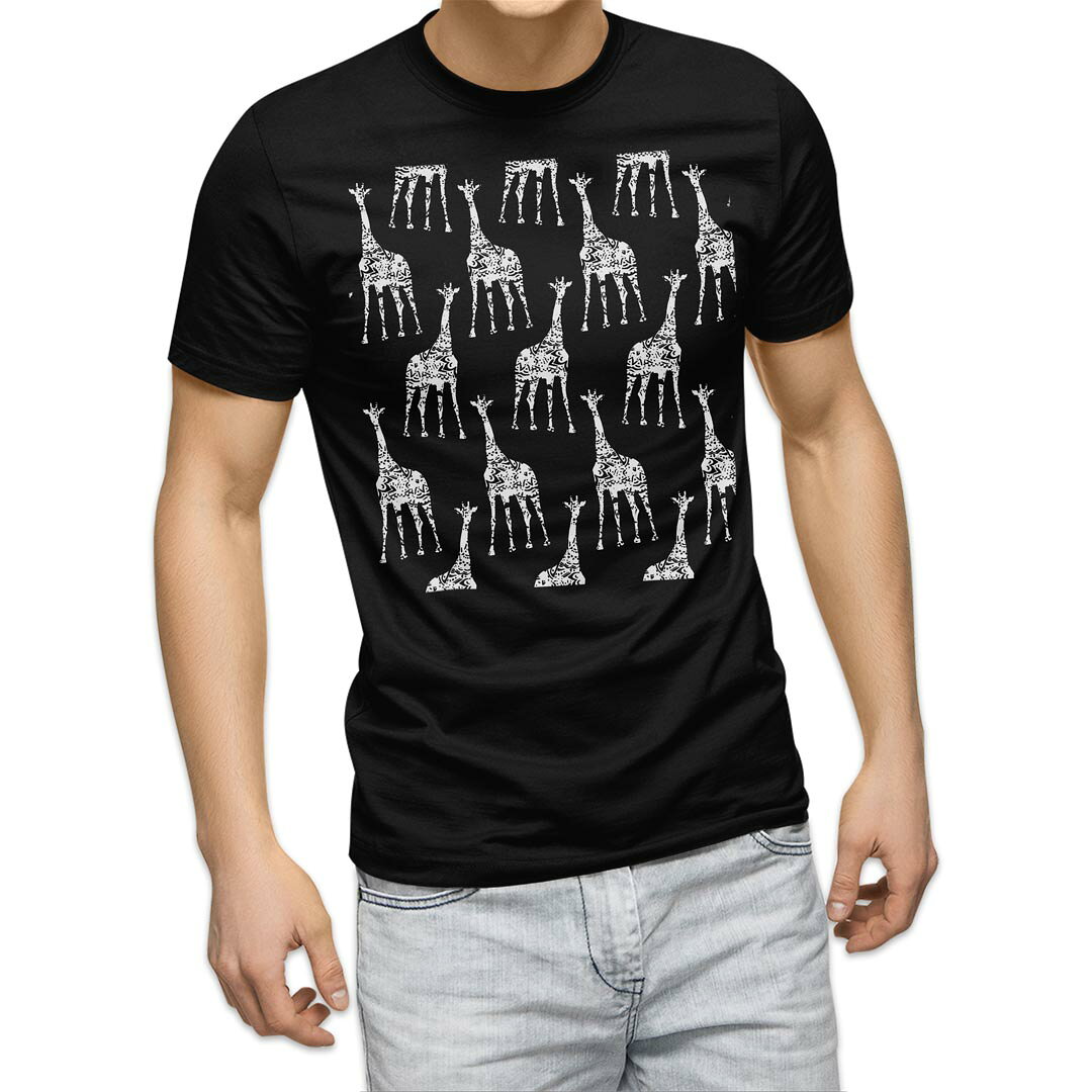 tシャツ メンズ 半袖 ブラック デザイン XS S M L XL 2XL Tシャツ ティーシャツ T shirt 黒 010519 キリン　動物　模様