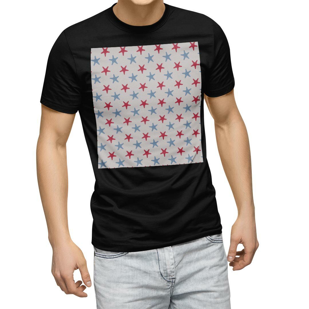 tシャツ メンズ 半袖 ブラック デザイン XS S M L XL 2XL Tシャツ ティーシャツ T shirt 黒 010545 ヒトデ 赤 青