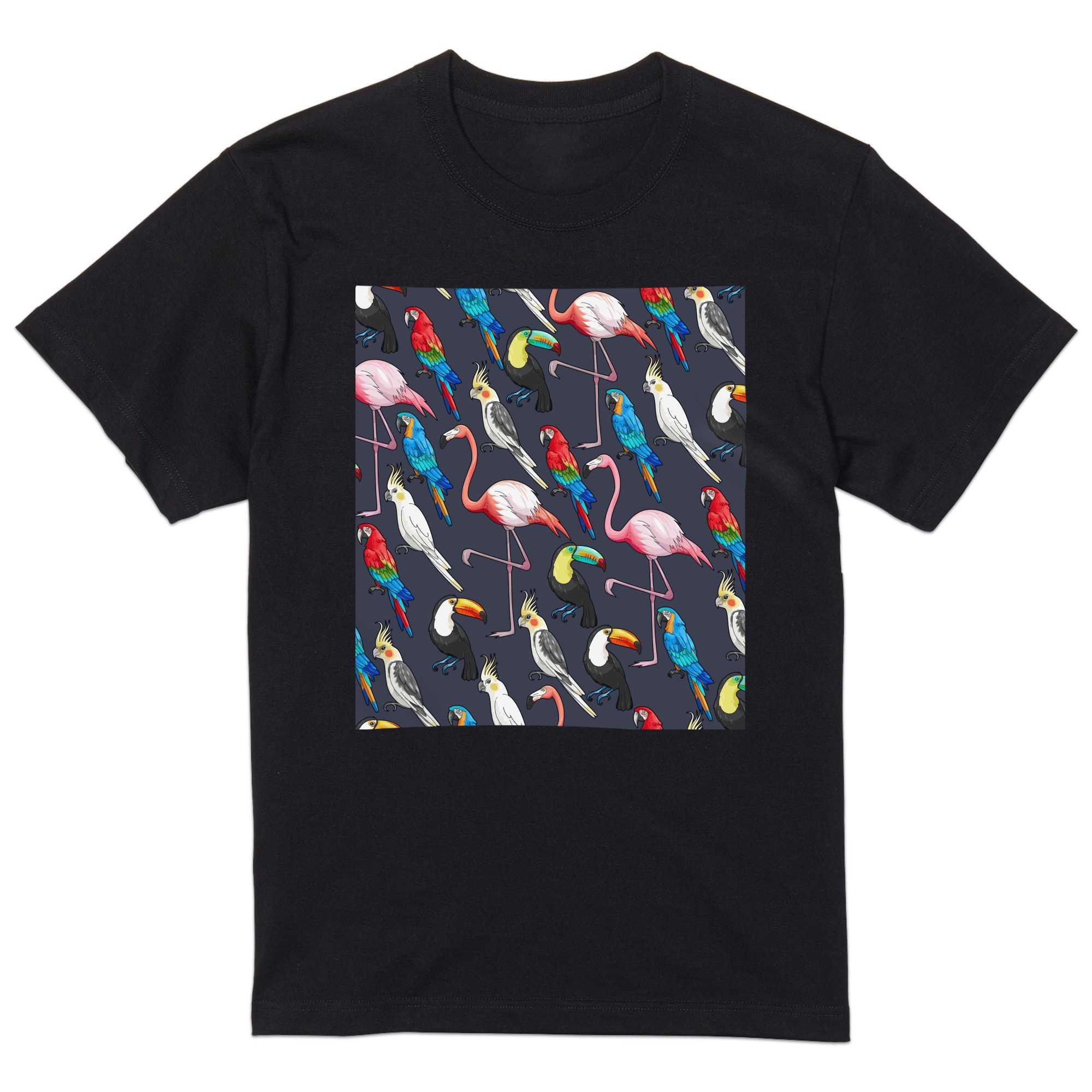 tシャツ メンズ 半袖 ブラック デザイン XS S M L XL 2XL Tシャツ ティーシャツ T shirt　黒 010546 鳥　インコ　フラミンゴ