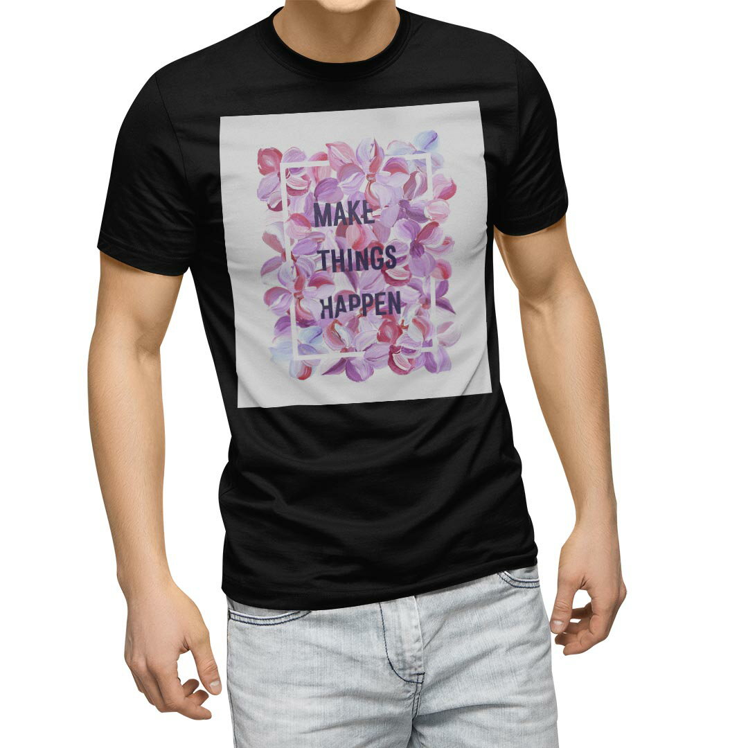 tシャツ メンズ 半袖 ブラック デザイン XS S M L XL 2XL Tシャツ ティーシャツ T shirt　黒 010561 英語　花　ピンク