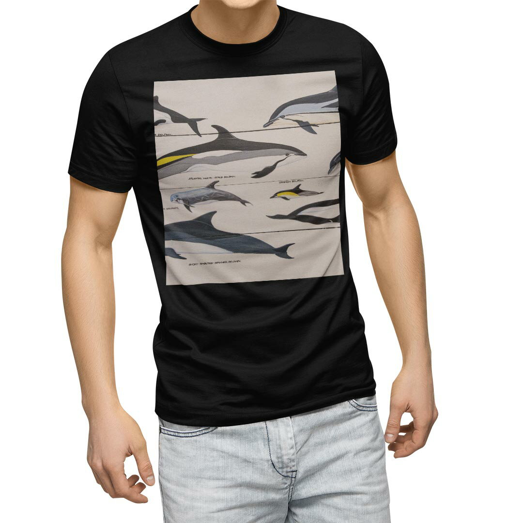 乐天商城 - tシャツ メンズ 半袖 ブラック デザイン XS S M L XL 2XL Tシャツ ティーシャツ T shirt　黒 010935 海　イルカ　生き物