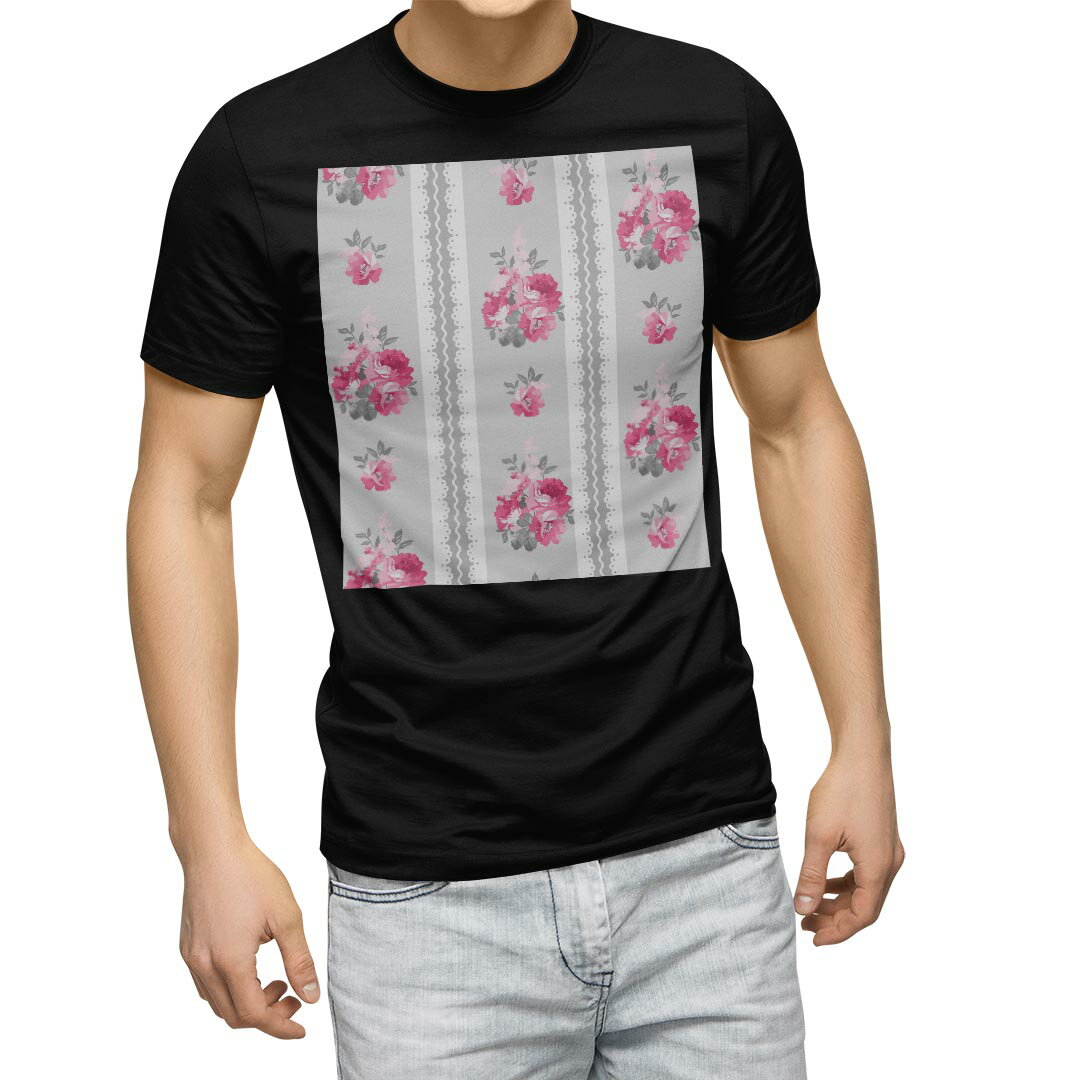 tシャツ メンズ 半袖 ブラック デザイン XS S M L XL 2XL Tシャツ ティーシャツ T shirt 黒 011029 花 レース ピンク