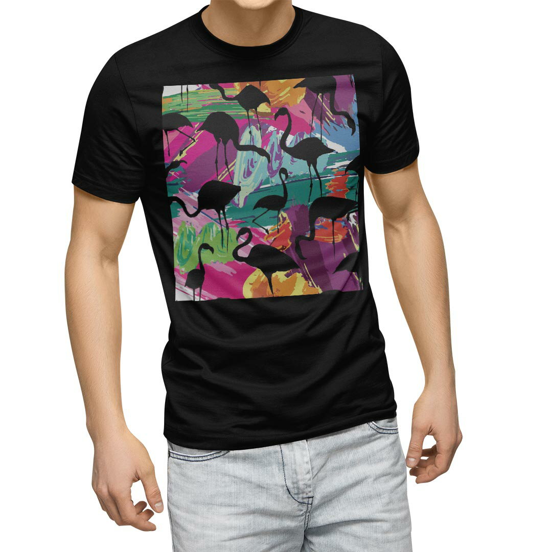 tシャツ メンズ 半袖 ブラック デザイン XS S M L XL 2XL Tシャツ ティーシャツ T shirt 黒 011161 フラミンゴ 鳥 カラフル