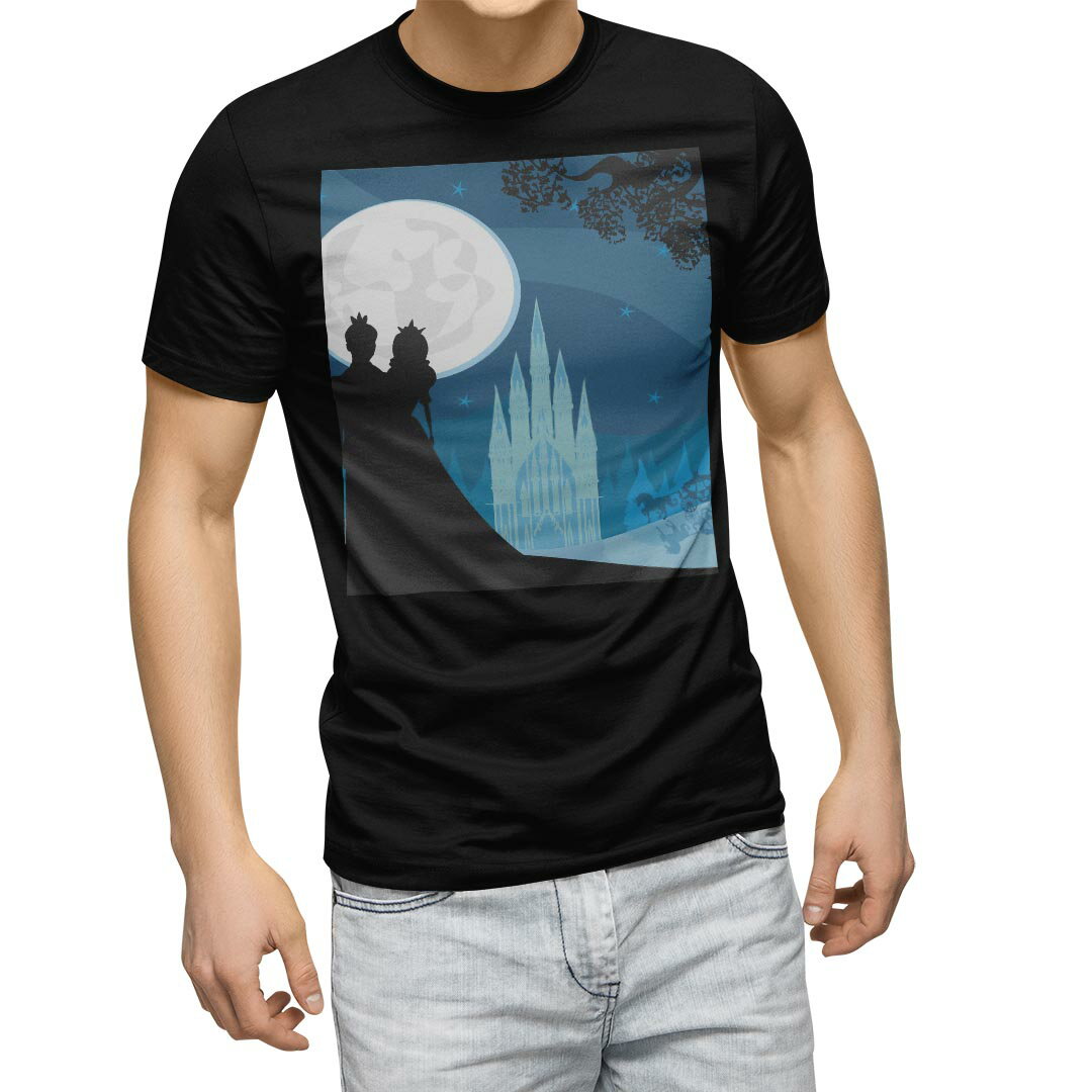 tシャツ メンズ 半袖 ブラック デザイン XS S M L XL 2XL Tシャツ ティーシャツ T shirt　黒 011334 プリンセス　カップル　お城