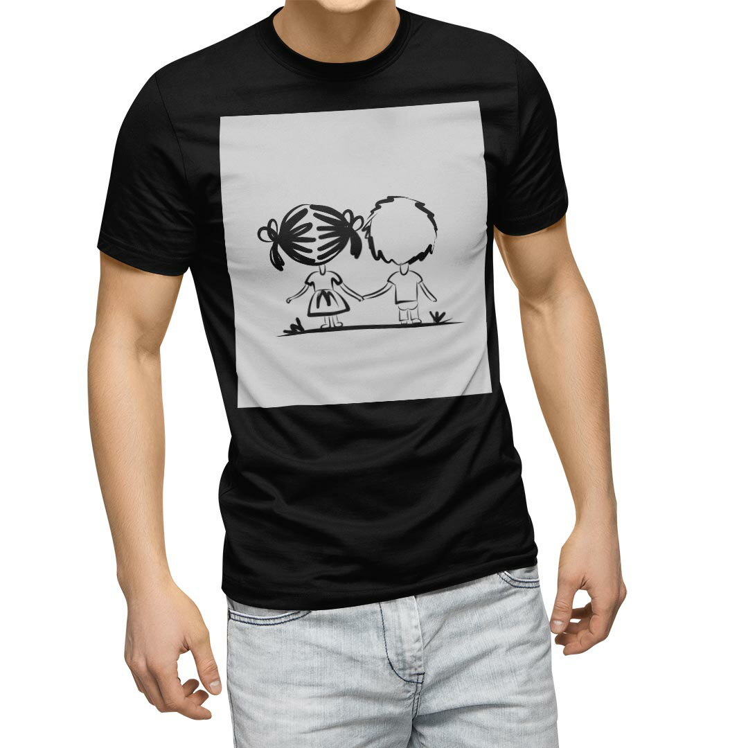 Character - tシャツ メンズ 半袖 ブラック デザイン XS S M L XL 2XL Tシャツ ティーシャツ T shirt 黒 011358 カップル　キャラクター　モノクロ