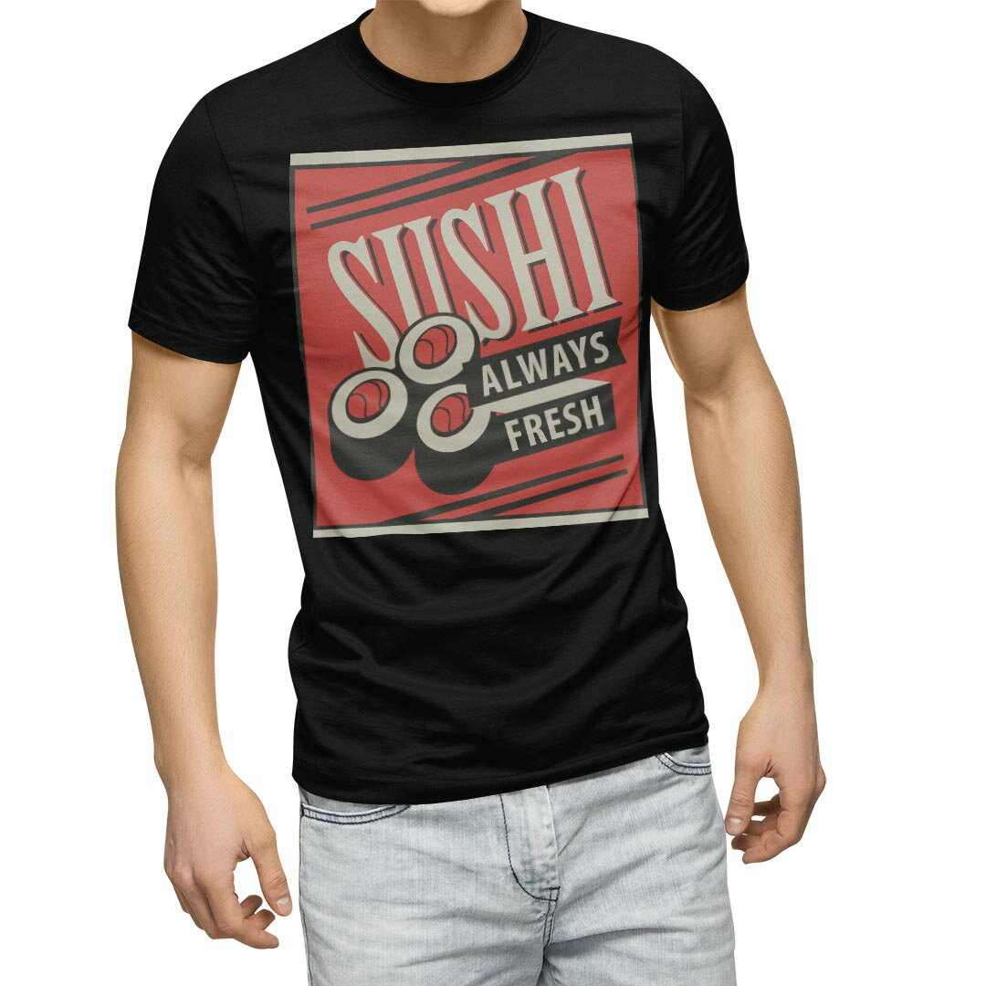 tシャツ メンズ 半袖 ブラック デザイン XS S M L XL 2XL Tシャツ ティーシャツ T shirt　黒 011637 寿司　英語　赤
