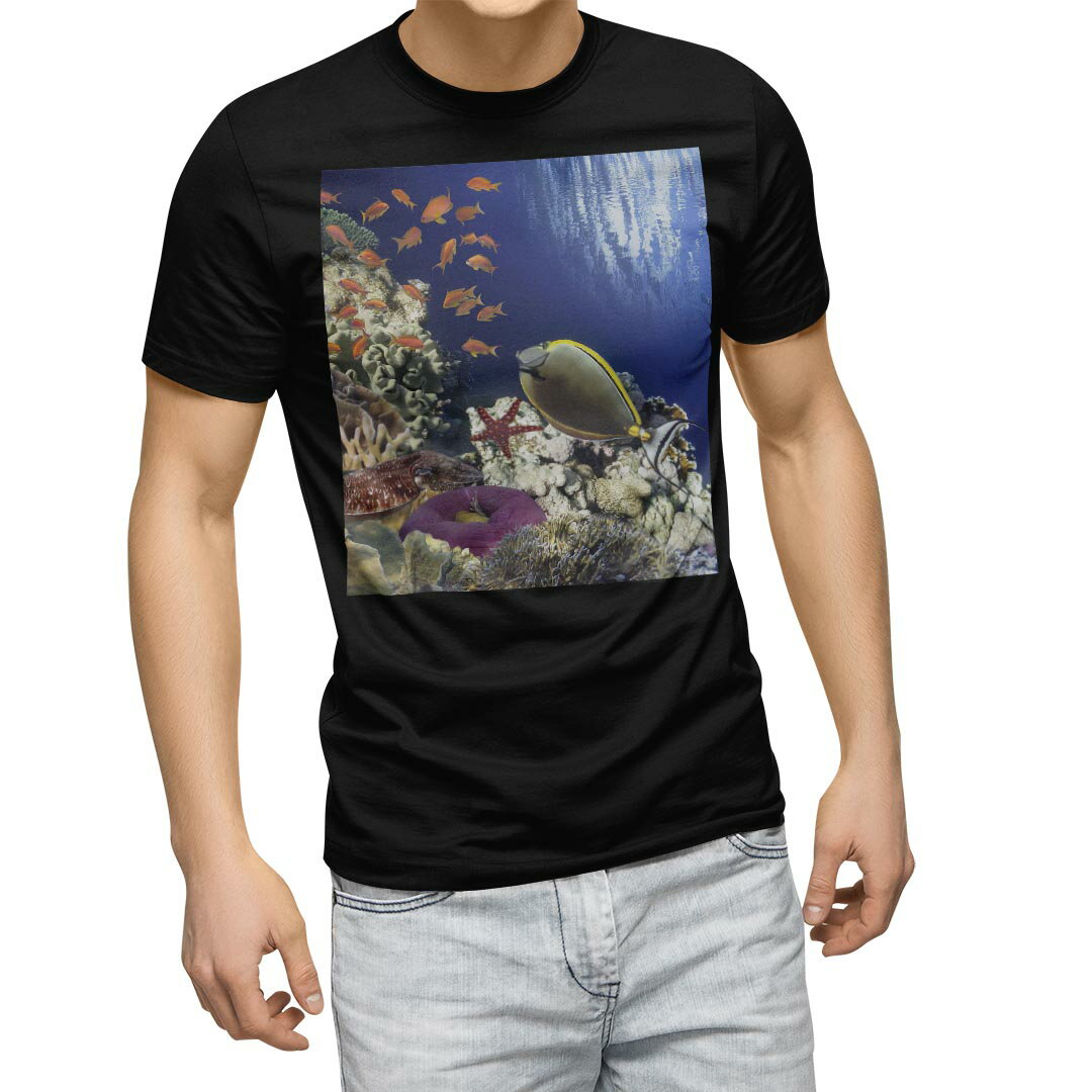 tシャツ メンズ 半袖 ブラック デザイン XS S M L XL 2XL Tシャツ ティーシャツ T shirt　黒 011673 海　魚　珊瑚