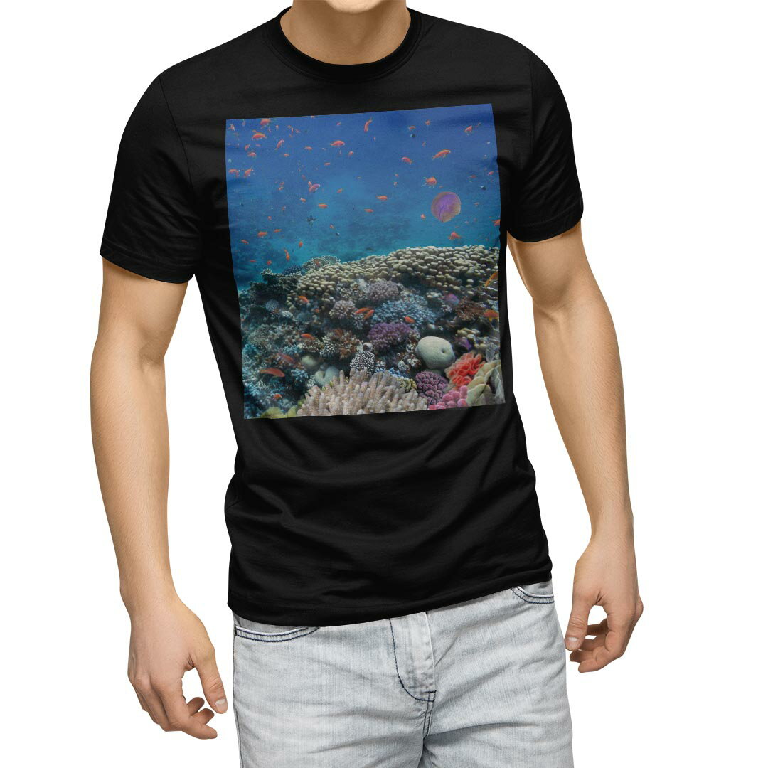 tシャツ メンズ 半袖 ブラック デザイン XS S M L XL 2XL Tシャツ ティーシャツ T shirt　黒 011697 海　珊瑚　写真