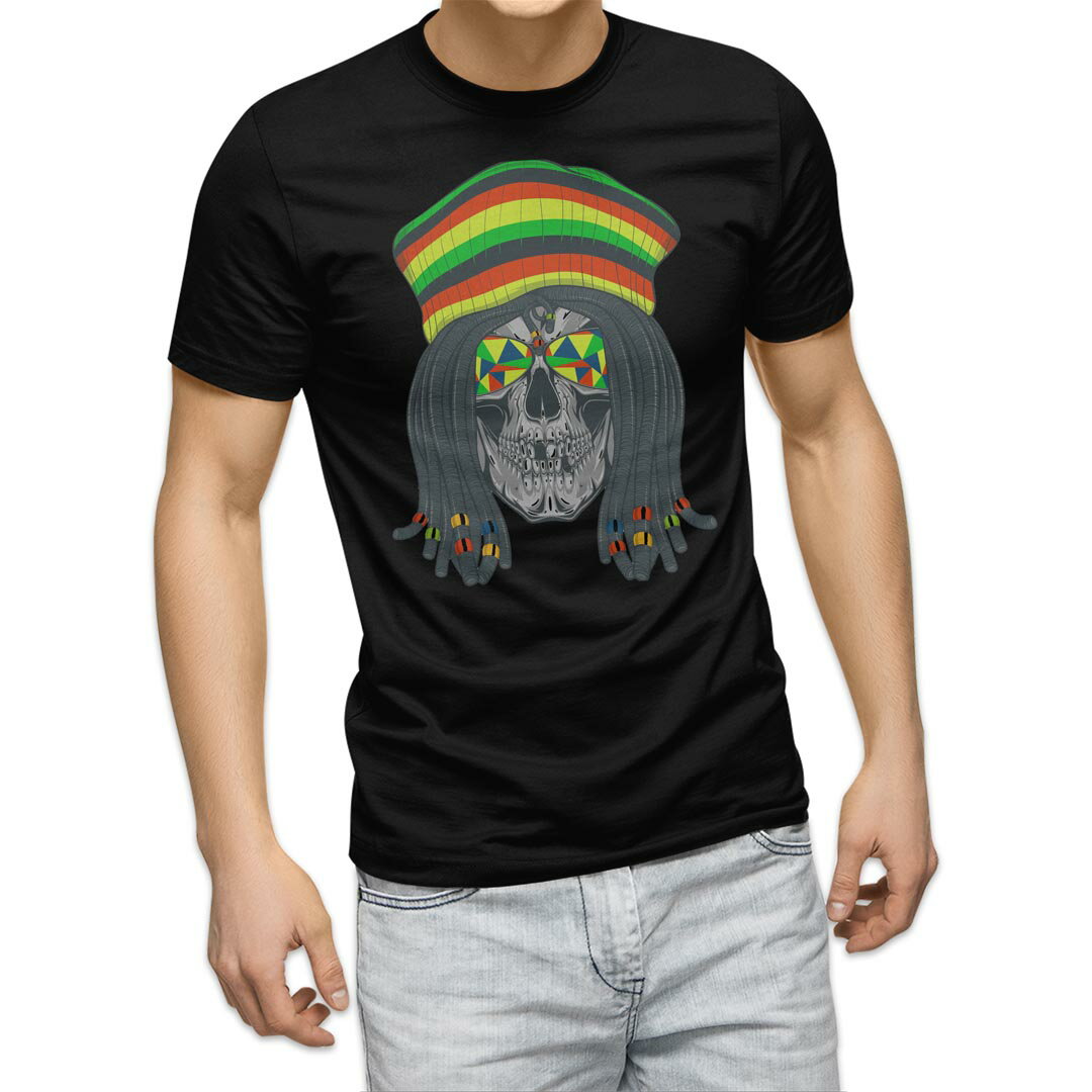 tシャツ メンズ 半袖 ブラック デザイン XS S M L XL 2XL Tシャツ ティーシャツ T shirt 黒 011717 骸骨　ドクロ　レゲエ