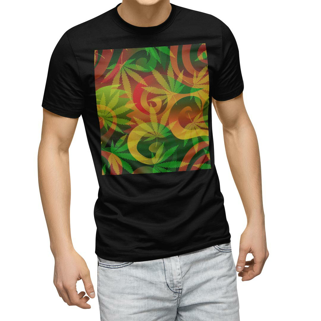 tシャツ メンズ 半袖 ブラック デザイン XS S M L XL 2XL Tシャツ ティーシャツ T shirt　黒 011734 レゲエ　植物　カラフル