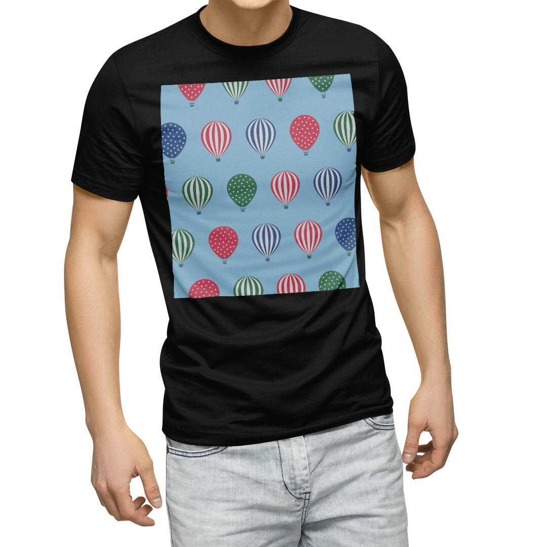 tシャツ メンズ 半袖 ブラック デザイン XS S M L XL 2XL Tシャツ ティーシャツ T shirt 黒 011965 気球 カラフル イラスト