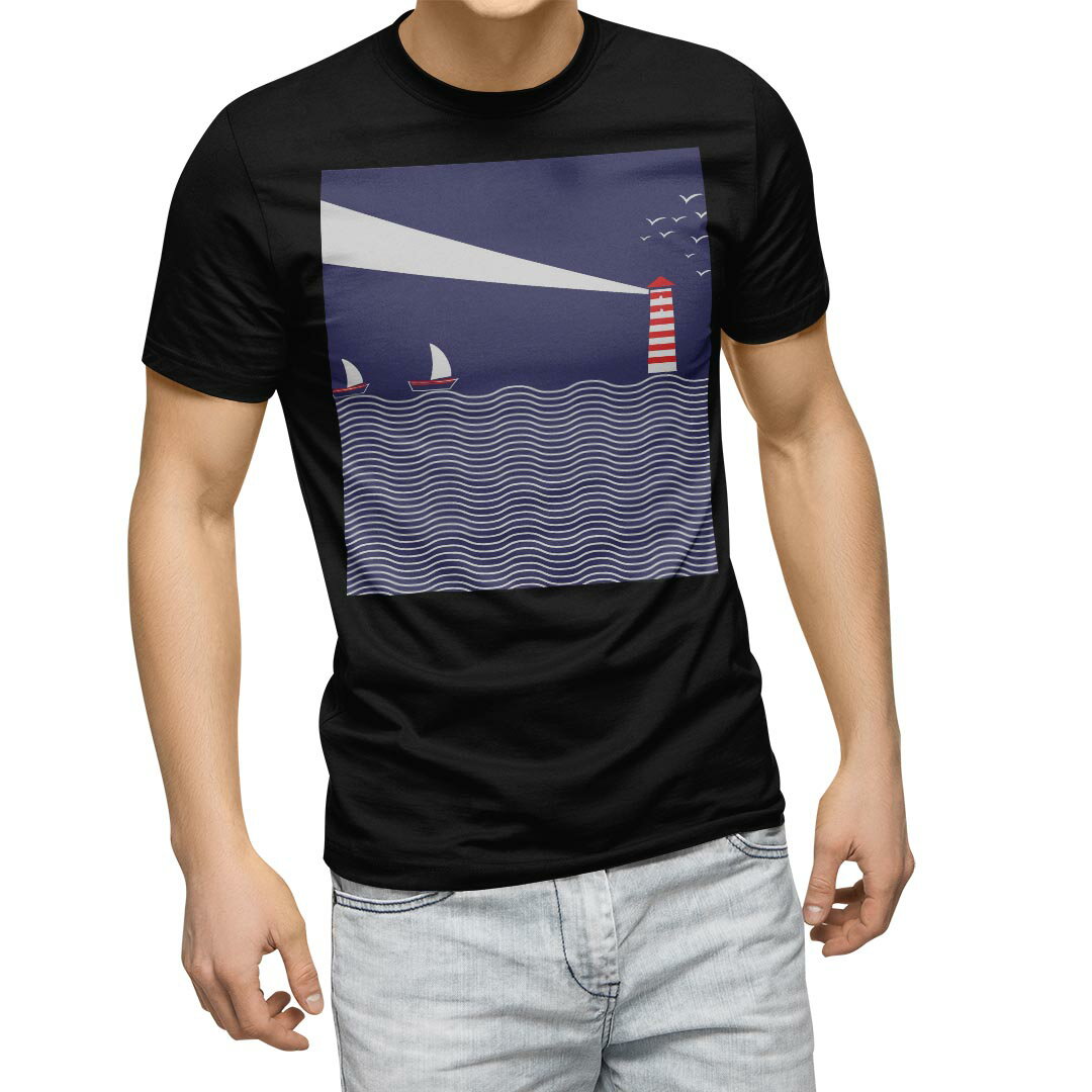 tシャツ メンズ 半袖 ブラック デザイン XS S M L XL 2XL Tシャツ ティーシャツ T shirt　黒 011993 ヨット　灯台　海