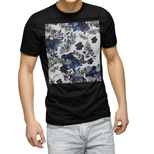 tシャツ メンズ 半袖 ブラック デザイン XS S M L XL 2XL Tシャツ ティーシャツ T shirt 黒 012056 花 植物 蝶