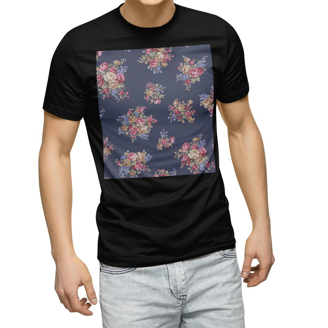 tシャツ メンズ 半袖 ブラック デザイン XS S M L XL 2XL Tシャツ ティーシャツ T shirt 黒 012149 花 花柄 ネイビー
