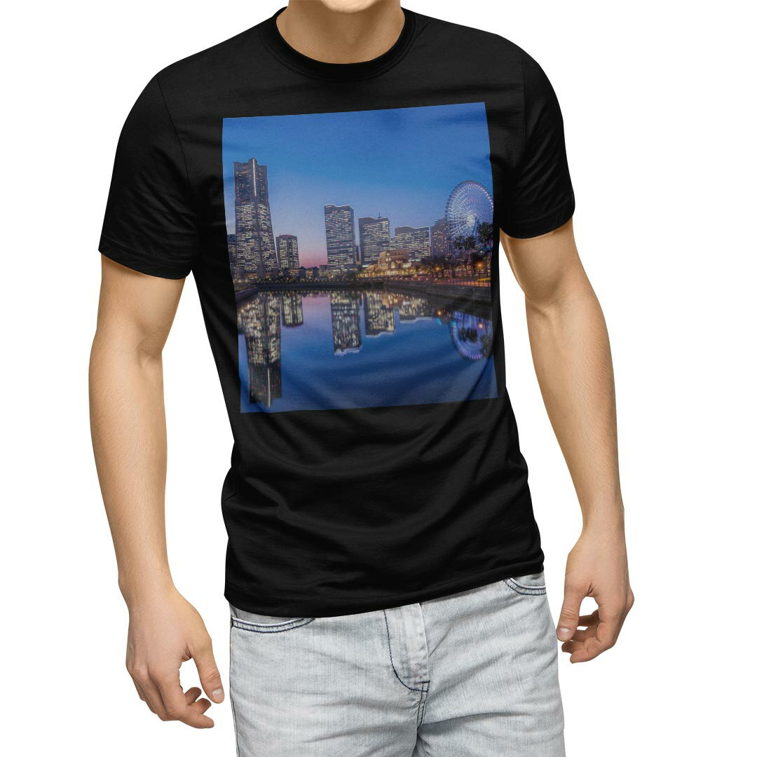 tシャツ メンズ 半袖 ブラック デザイン XS S M L XL 2XL Tシャツ ティーシャツ T shirt　黒 012280 観覧車　景色　夜景