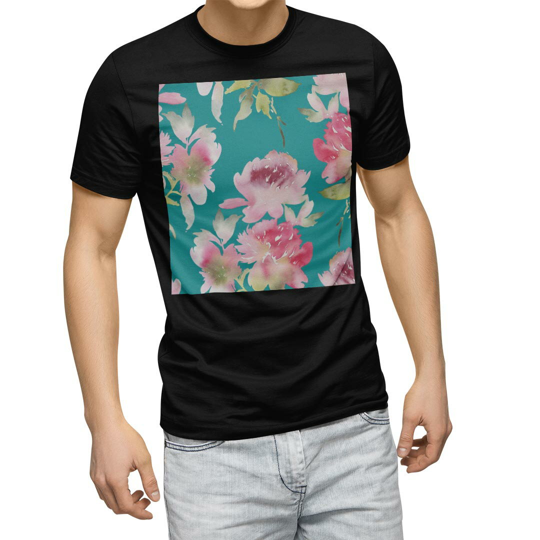 Shirts, T-Shirts - tシャツ メンズ 半袖 ブラック デザイン XS S M L XL 2XL Tシャツ ティーシャツ T shirt　黒 012287 花　緑　ピンク
