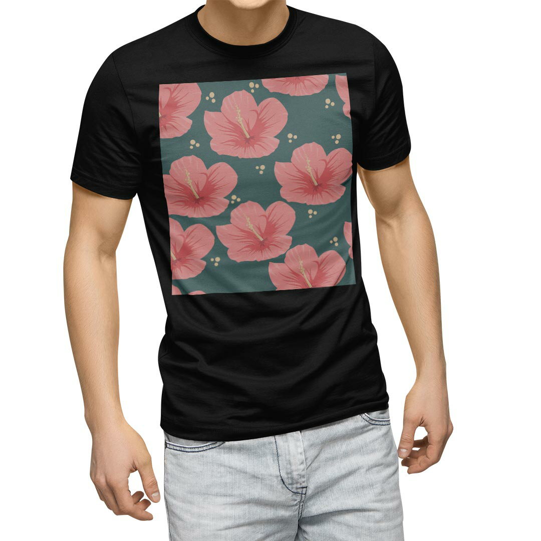 tシャツ メンズ 半袖 ブラック デザイン XS S M L XL 2XL Tシャツ ティーシャツ T shirt 黒 012480 ハイビスカス 花 赤