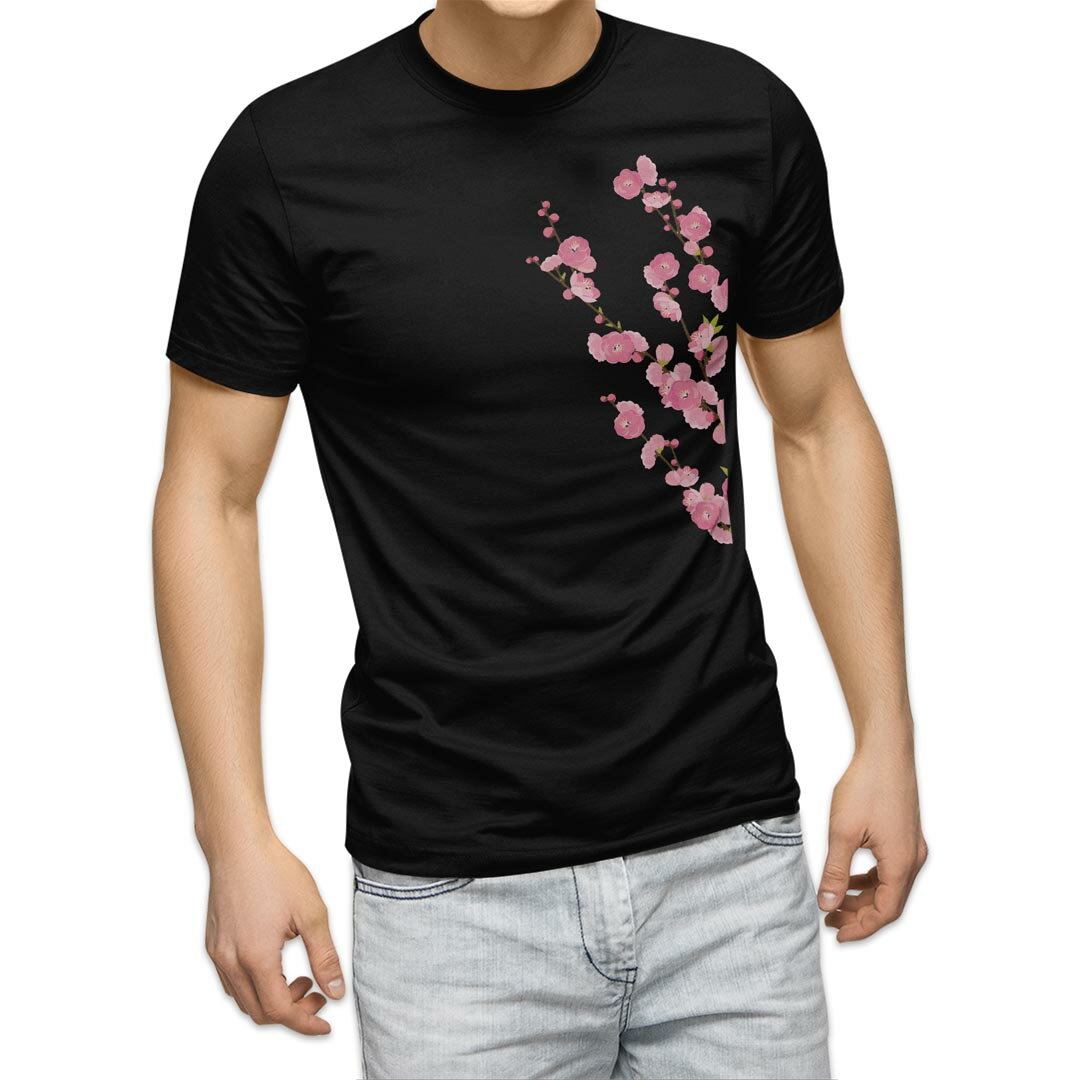 tシャツ メンズ 半袖 ブラック デザイン XS S M L XL 2XL Tシャツ ティーシャツ T shirt 黒 012863 ひな祭り 桃の花 節句