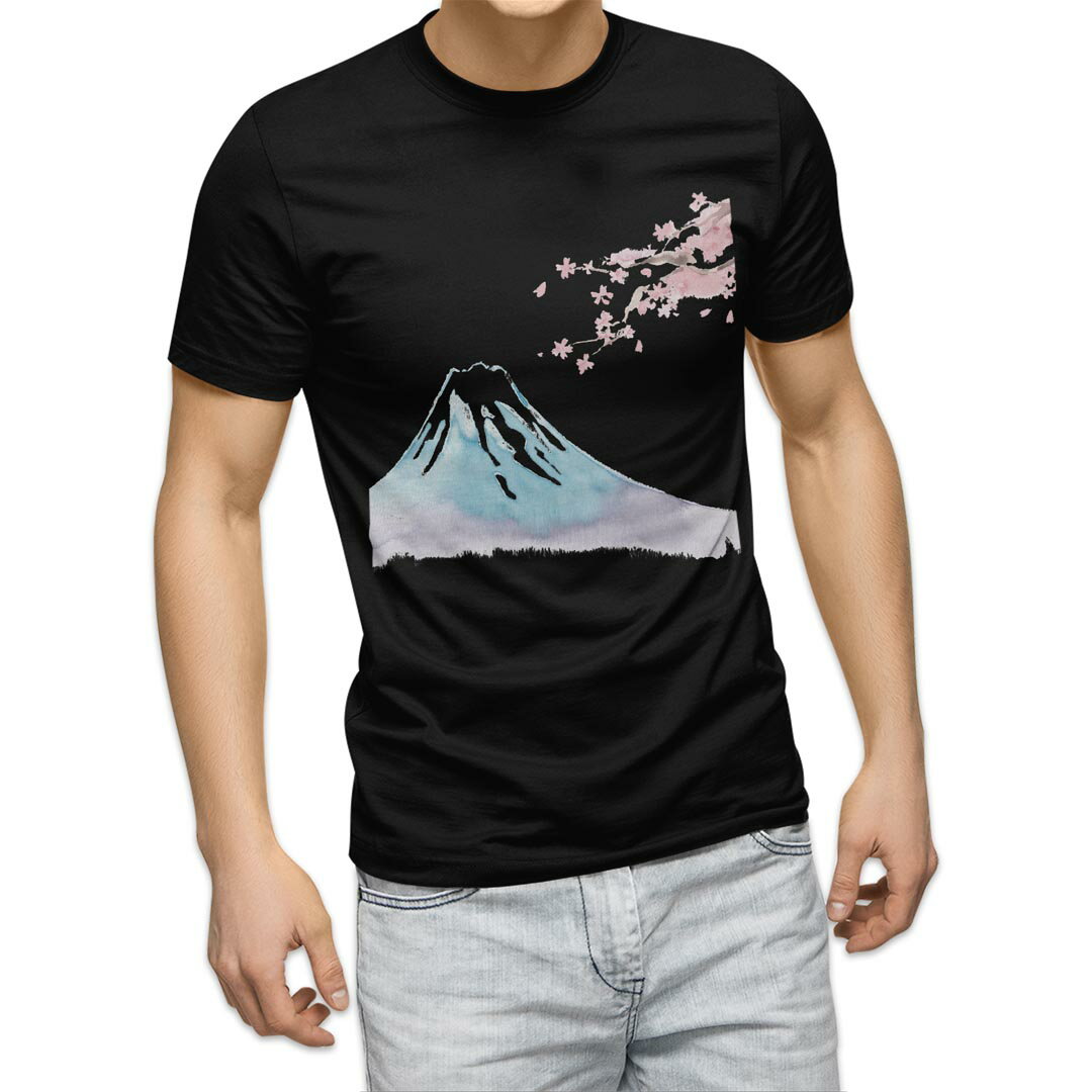 tシャツ メンズ 半袖 ブラック デザイン XS S M L XL 2XL Tシャツ ティーシャツ T shirt 黒 012914 富士山 桜 日本