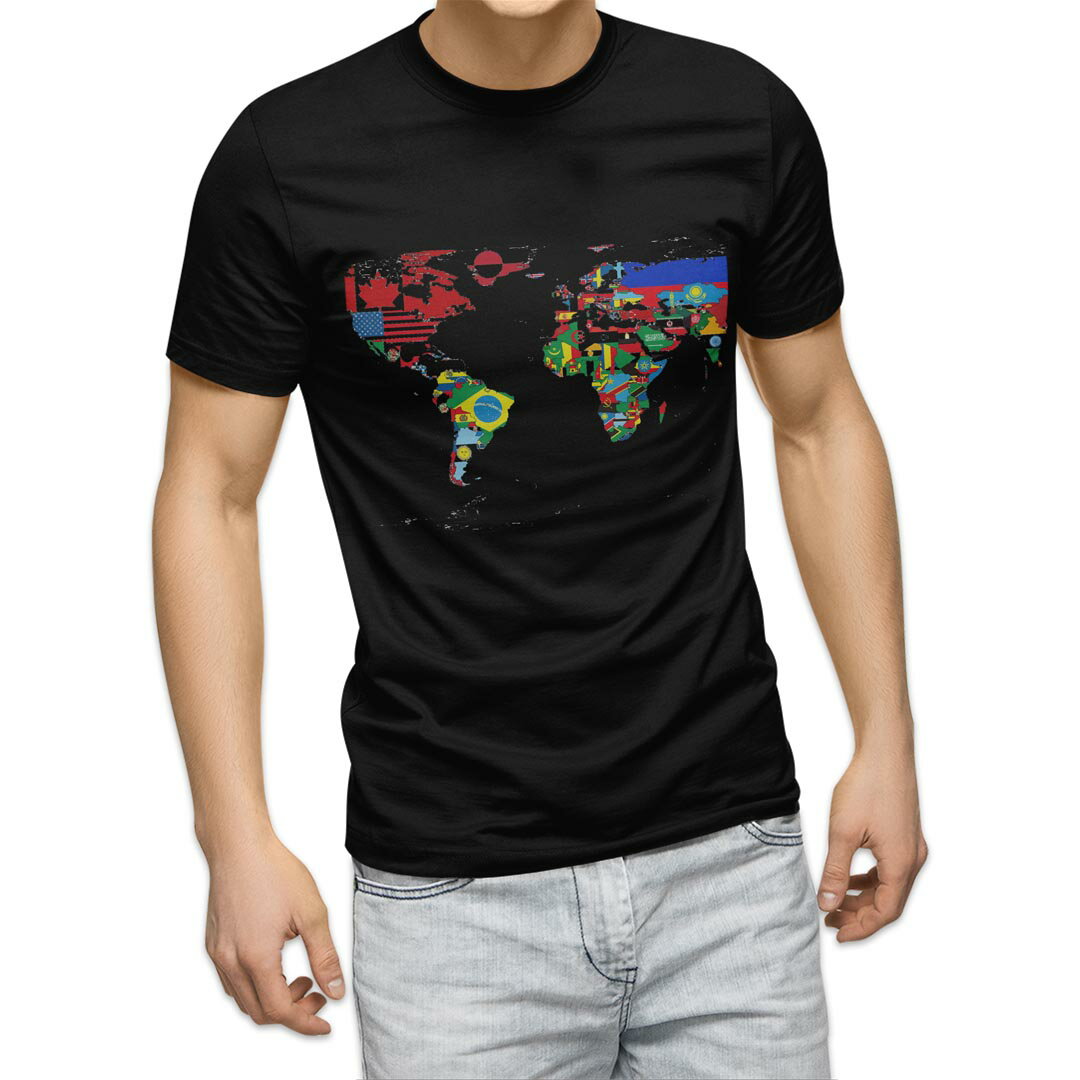 tシャツ メンズ 半袖 ブラック デザイン XS S M L XL 2XL Tシャツ ティーシャツ T shirt 黒 013184 地図　世界地図
