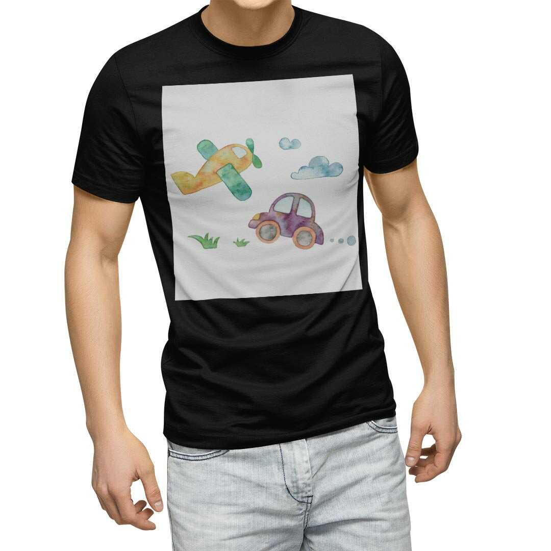 tシャツ メンズ 半袖 ブラック デザイン XS S M L XL 2XL Tシャツ ティーシャツ T shirt 黒 013191 車　飛行機　絵