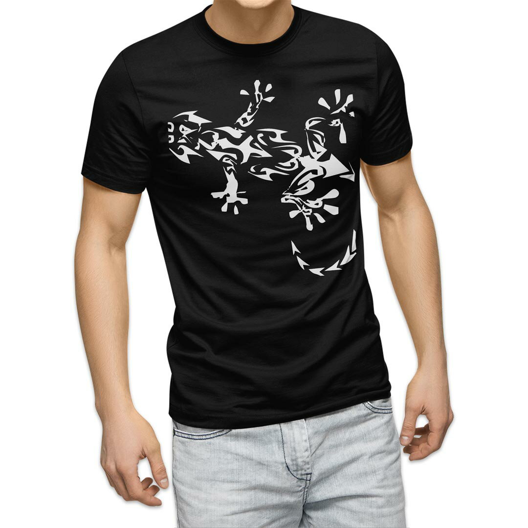 tシャツ メンズ 半袖 ブラック デザイン XS S M L XL 2XL Tシャツ ティーシャツ T shirt 黒 013276 トカゲ　モノトーン　かっこいい