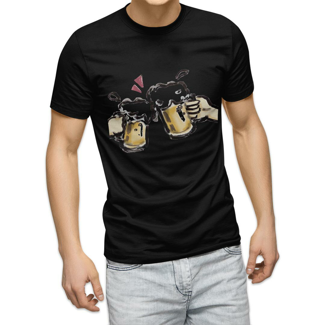 乐天商城 - tシャツ メンズ 半袖 ブラック デザイン XS S M L XL 2XL Tシャツ ティーシャツ T shirt 黒 013298 飲み物　絵　ビール