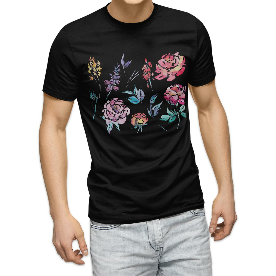Shirts, T-Shirts - tシャツ メンズ 半袖 ブラック デザイン XS S M L XL 2XL Tシャツ ティーシャツ T shirt 黒 013496 花　花柄　水彩