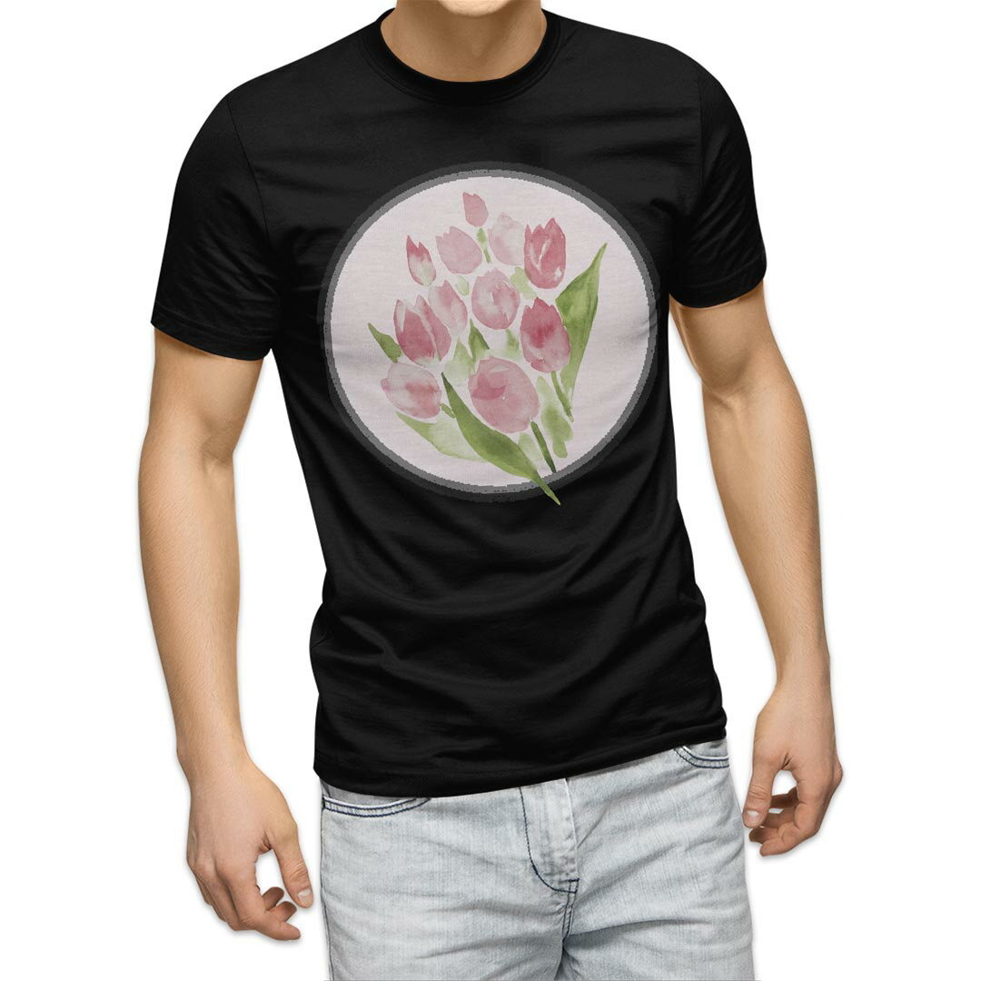 tシャツ メンズ 半袖 ブラック デザイン XS S M L XL 2XL Tシャツ ティーシャツ T shirt 黒 013500 花 チューリップ ピンク