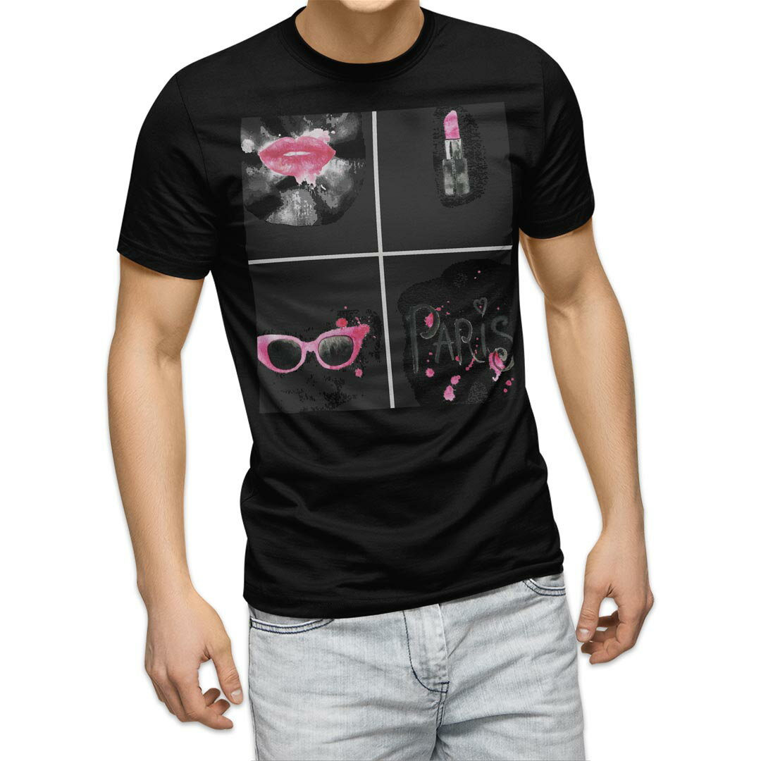 tシャツ メンズ 半袖 ブラック デザイン XS S M L XL 2XL Tシャツ ティーシャツ T shirt 黒 013710 ガーリー　メイク　リップ