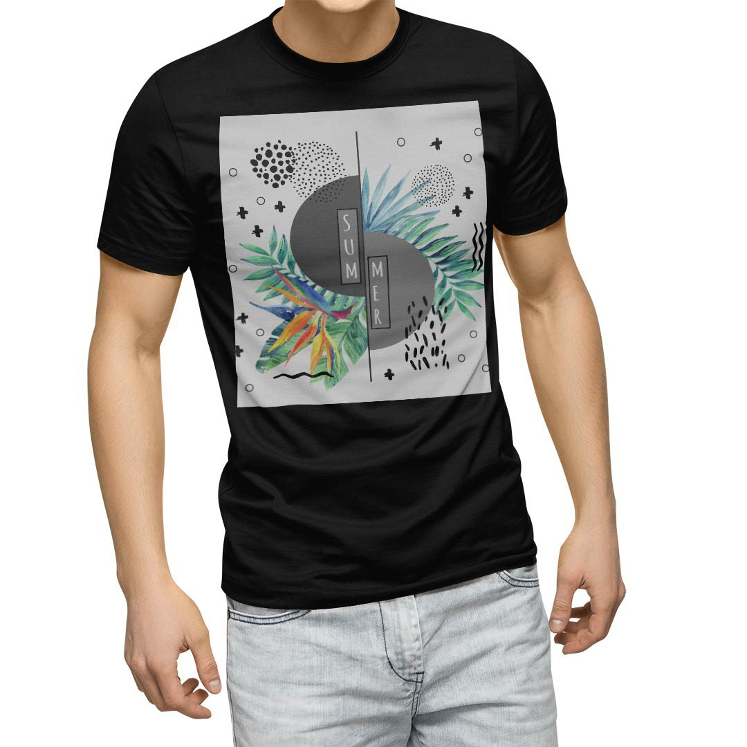 tシャツ メンズ 半袖 ブラック デザイン XS S M L XL 2XL Tシャツ ティーシャツ T shirt 黒 014034 夏 トロピカル リーフ