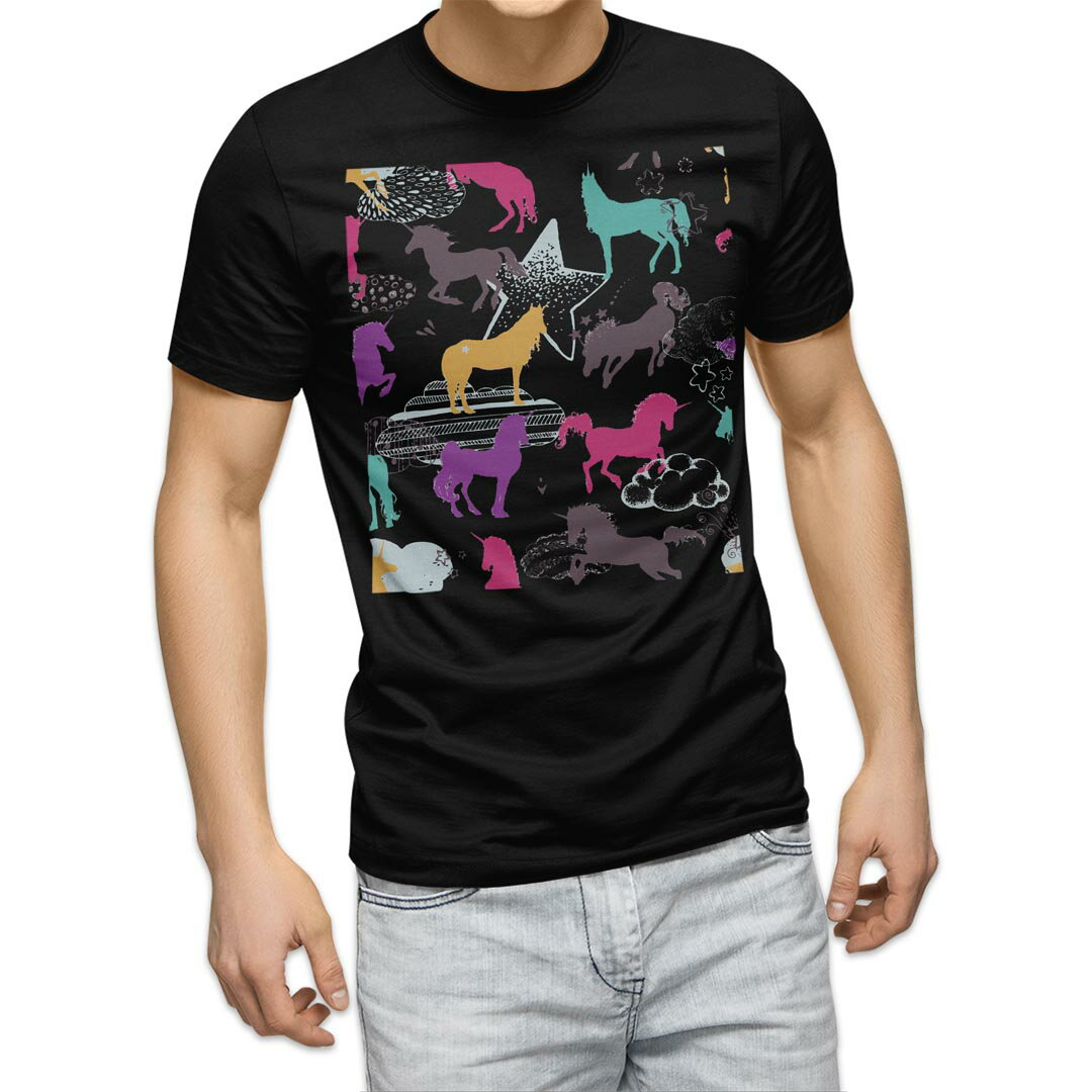 tシャツ メンズ 半袖 ブラック デザイン XS S M L XL 2XL Tシャツ ティーシャツ T shirt 黒 014079 ユニコーン　カラフル
