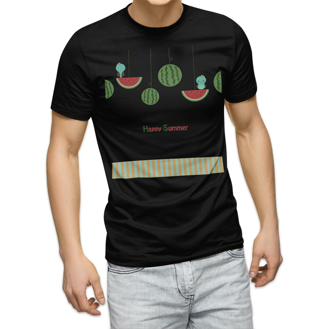 tシャツ メンズ 半袖 ブラック デザイン XS S M L XL 2XL Tシャツ ティーシャツ T shirt 黒 014100 夏 スイカ 鳥