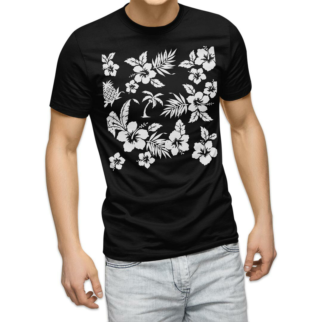 tシャツ メンズ 半袖 ブラック デザイン XS S M L XL 2XL Tシャツ ティーシャツ T shirt 黒 014104 ハイビスカス　パイナップル