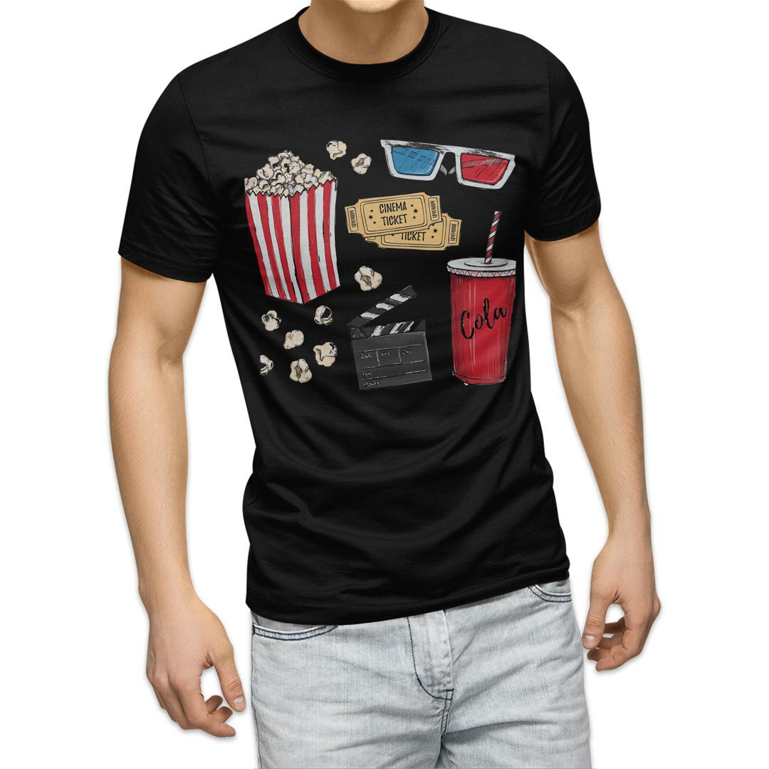 tシャツ メンズ 半袖 ブラック デザイン XS S M L XL 2XL Tシャツ ティーシャツ T shirt 黒 014267 映画　ポップコーン