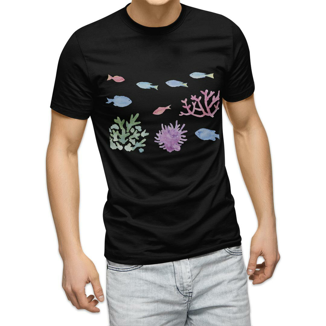 tシャツ メンズ 半袖 ブラック デザイン XS S M L XL 2XL Tシャツ ティーシャツ T shirt 黒 014279 海　魚　珊瑚