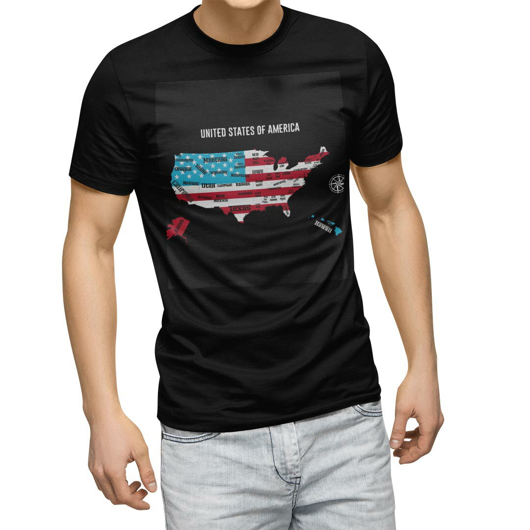 tシャツ メンズ 半袖 ブラック デザイン XS S M L XL 2XL Tシャツ ティーシャツ T shirt 黒 014295 アメリカ 国旗 地図