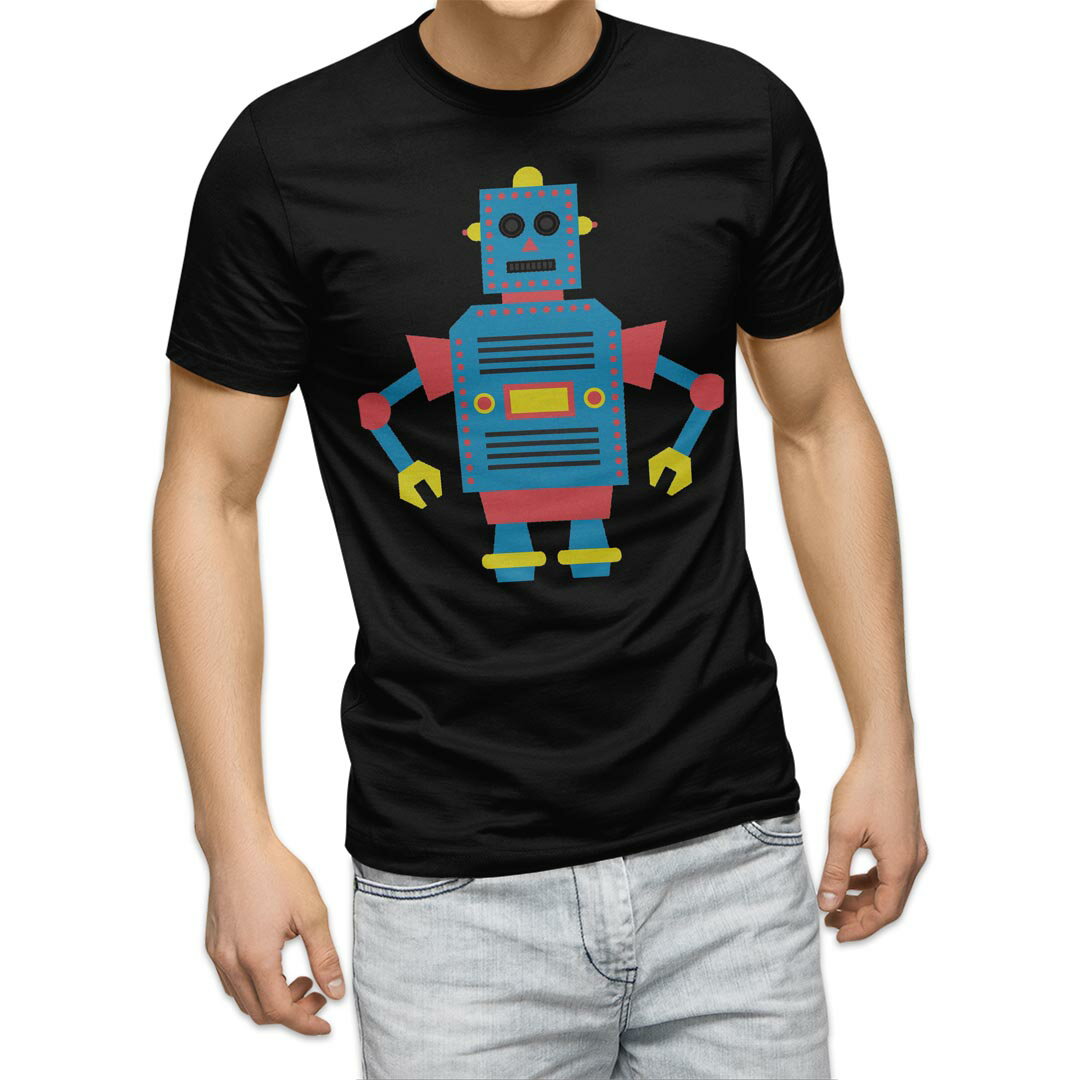 Character - tシャツ メンズ 半袖 ブラック デザイン XS S M L XL 2XL Tシャツ ティーシャツ T shirt 黒 014568 ロボット　キャラクター