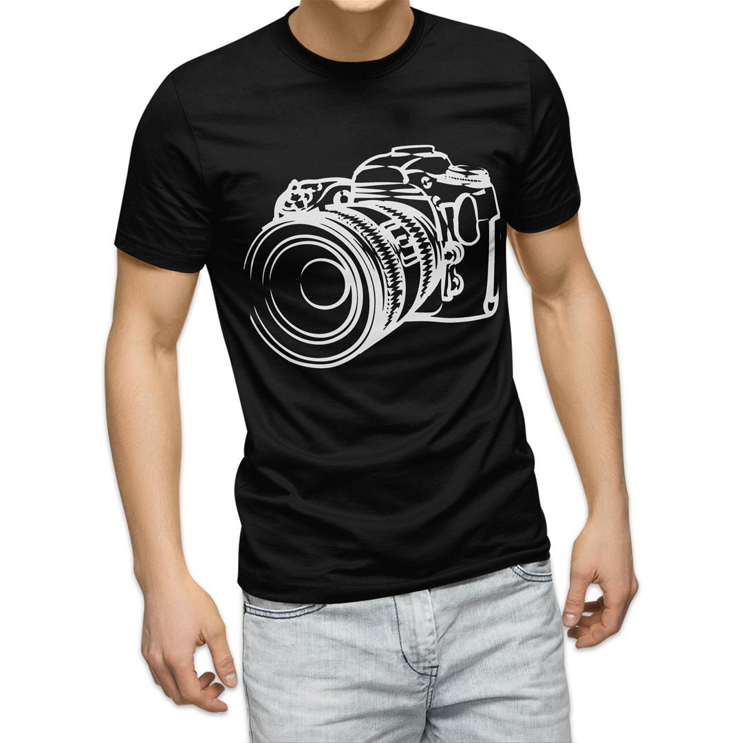 tシャツ メンズ 半袖 ブラック デザイン XS S M L XL 2XL Tシャツ ティーシャツ T shirt 黒 014761 カメラ　白黒　一眼レフ