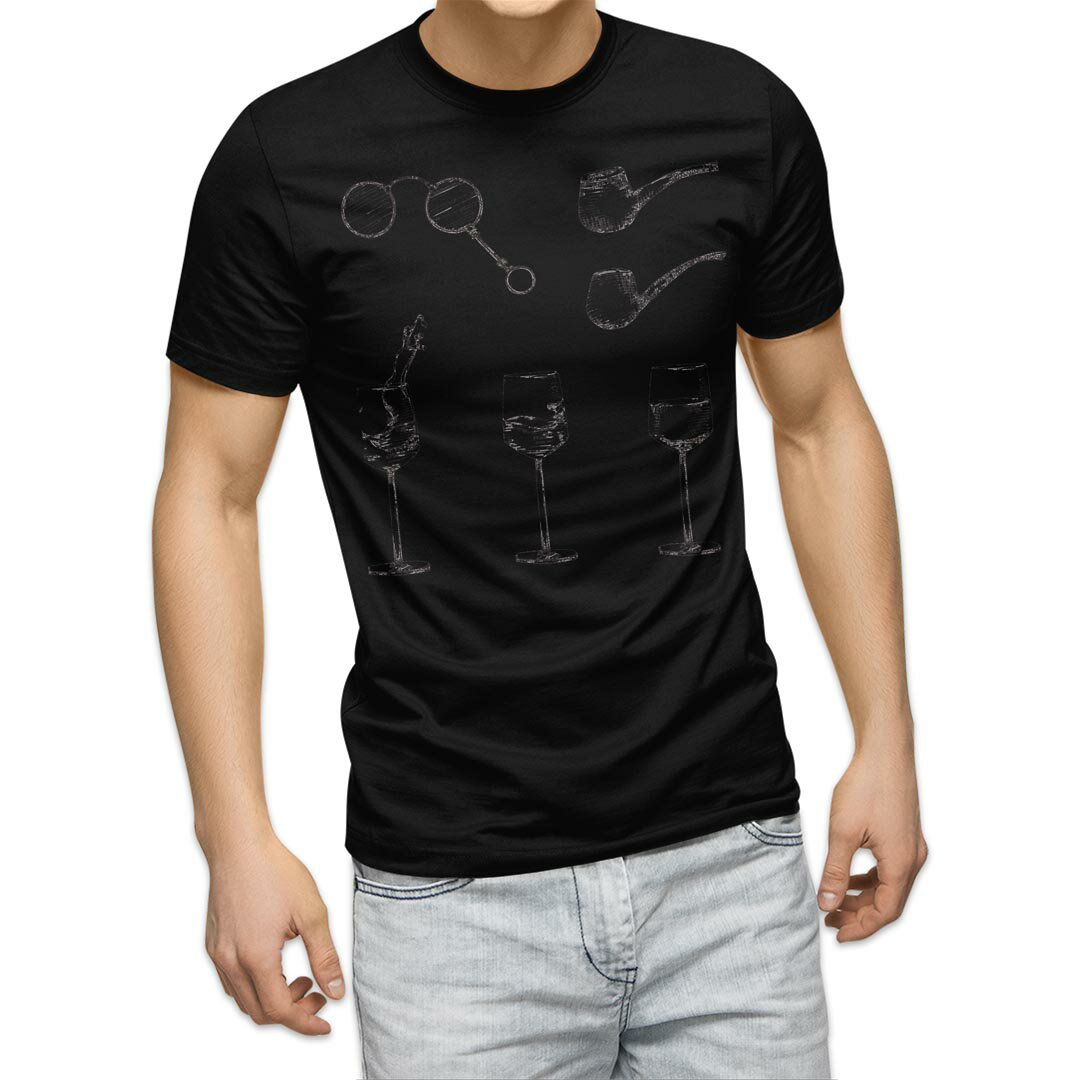 tシャツ メンズ 半袖 ブラック デザイン XS S M L XL 2XL Tシャツ ティーシャツ T shirt 黒 015284 ワイン 飲み物 お酒 グラス 手書き 絵