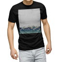 tシャツ メンズ 半袖 ブラック デザイン XS S M L XL 2XL Tシャツ ティーシャツ T shirt 黒 015529 波 和柄 富士山