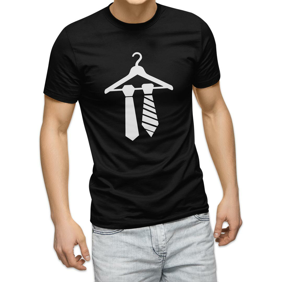 tシャツ メンズ 半袖 ブラック デザイン XS S M L XL 2XL Tシャツ ティーシャツ T shirt　黒 015542 ネクタイ　ハンガー　モノクロ