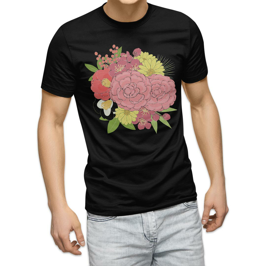 tシャツ メンズ 半袖 ブラック デザイン XS S M L XL 2XL Tシャツ ティーシャツ T shirt 黒 015571 花　絵　バラ　花束