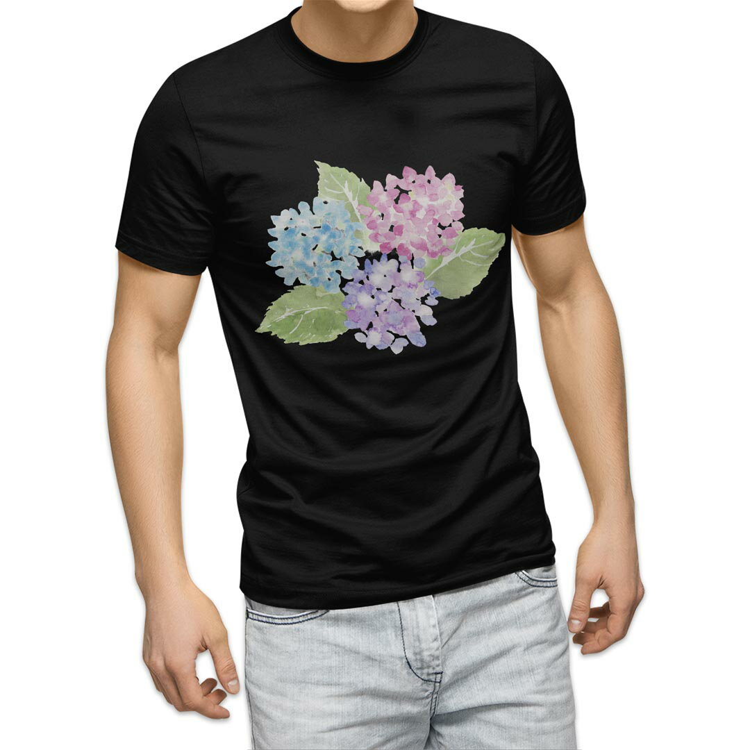 tシャツ メンズ 半袖 ブラック デザイン XS S M L XL 2XL Tシャツ ティーシャツ T shirt 黒 015574 あじさい　花　植物