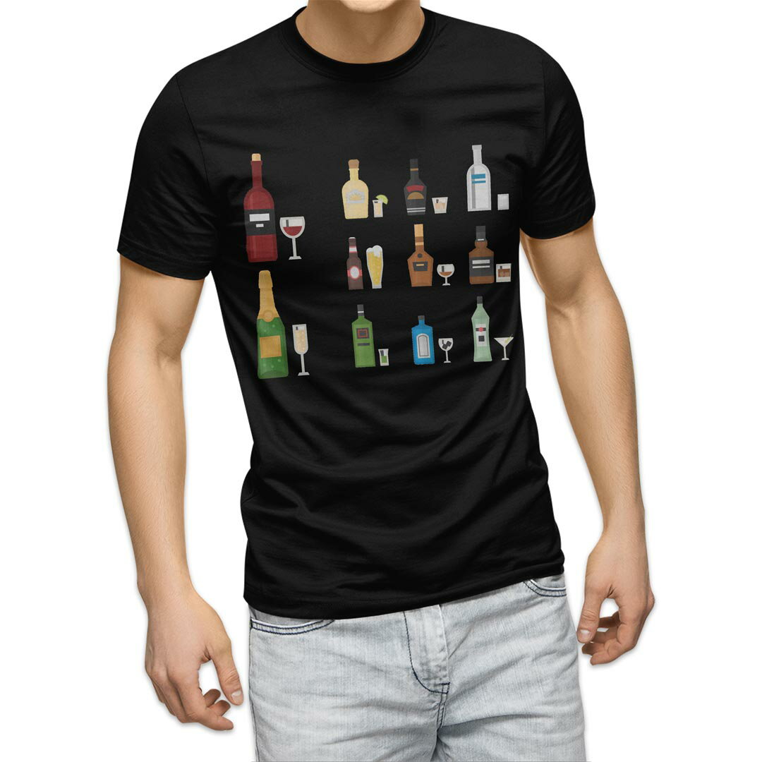 tシャツ メンズ 半袖 ブラック デザイン XS S M L XL 2XL Tシャツ ティーシャツ T shirt 黒 015703 瓶 お酒 ワイン 飲み物