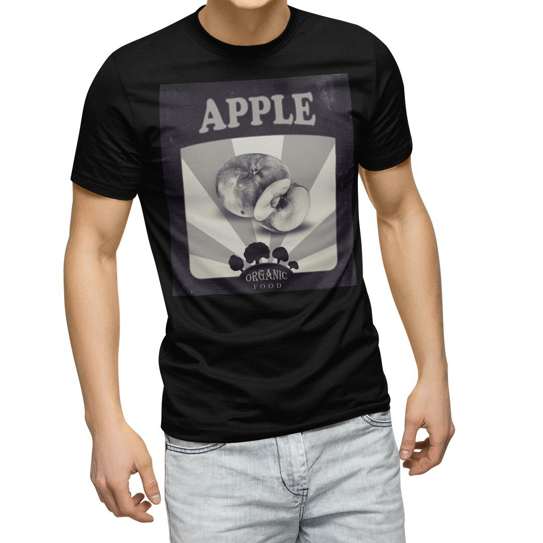 tシャツ メンズ 半袖 ブラック デザイン XS S M L XL 2XL Tシャツ ティーシャツ T shirt　黒 015744 りんご　食べ物　野菜　モノクロ