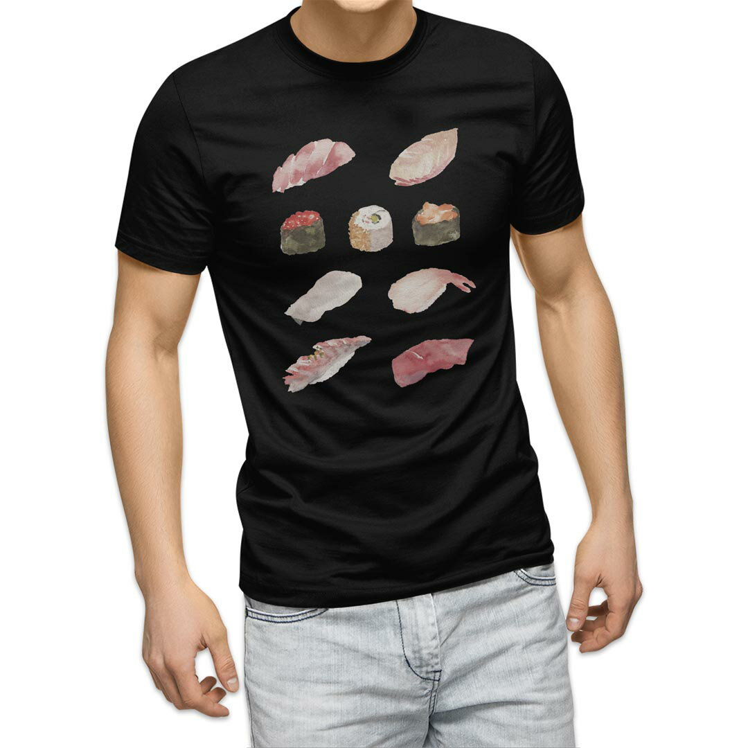 tシャツ メンズ 半袖 ブラック デザイン XS S M L XL 2XL Tシャツ ティーシャツ T shirt　黒 015846 寿司　手描き　和食